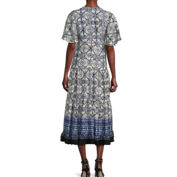 TAYLOR Blue Pattern Printed V-Neckline Short Sleeve Bodice Cut-Out Midi Dress 8 - Picture 2 of 7